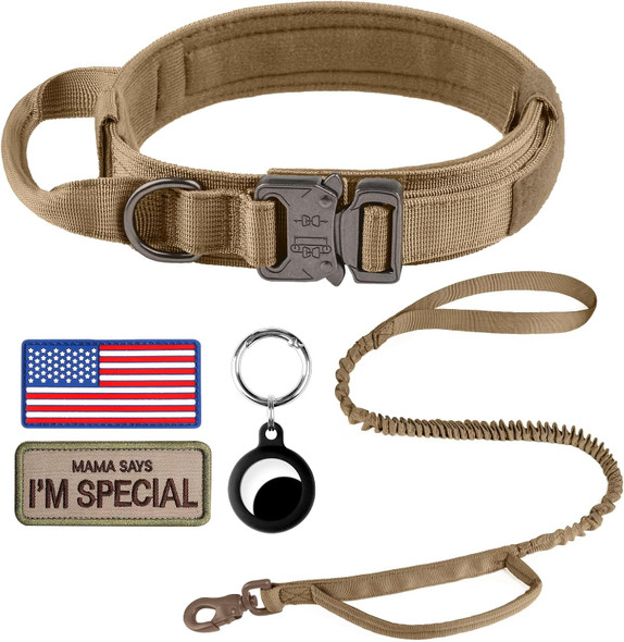Tactical Dog Collar And Leash Set, Adjustable Military Training Nylon Dog Collar With Handle And Heavy Duty Metal Buckle For Medium And Large Dogs, With Airtags Case And 2 Patches(Xl Brown-Set)