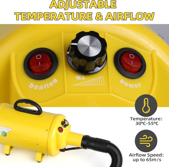 Dog Hair Dryer, 3.8Hp 2800W Pet Grooming Blower For Large Dogs Hair Force Blaster With Heat, Stepless Speed Adjustable Strong Power Wind, Yellow