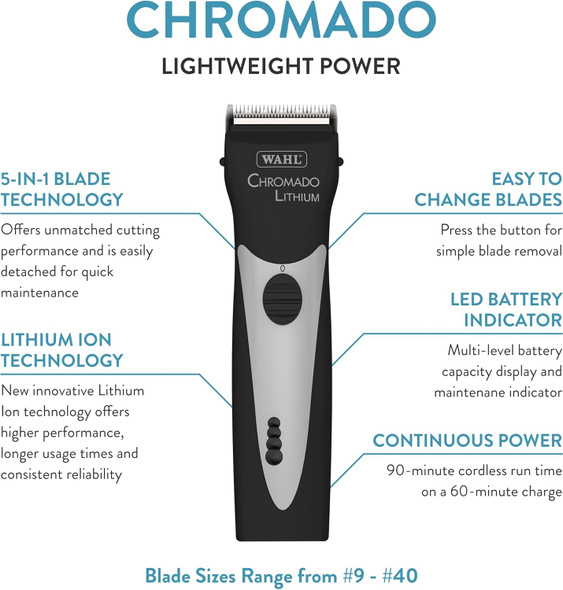 Wahl Professional Animal Chromado Lithium Pet, Dog, Cat & Horse Corded/Cordless Clipper Kit (#41871-0434) - Dog, Cat & Horse Grooming Supplies - Cord/Cordless - Pet Clippers - Black & Silver