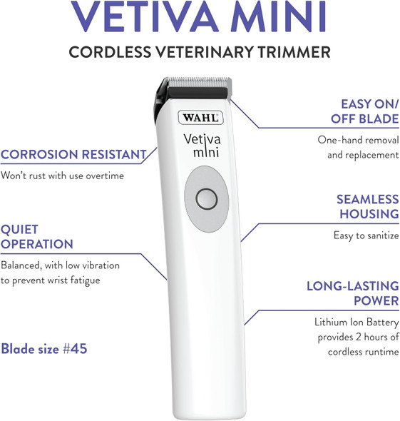 Wahl Professional Animal Vetiva Mini Cordless Veterinary Trimmer For Dogs, Cats & Pets (#88420) - Pet Trimmer For Cats, Dogs & More - Veterinary Grade - Pet Mini Safe Trimmer - White