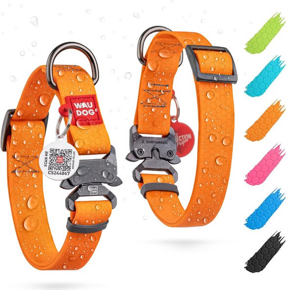 Waudog Waterproof Dog Collar - Adjustable Dog Collar For Large Dogs, Small And Medium Dogs - Heavy Duty Dog Collars With Durable Metal Clasp And Qr Dog Tag (Orange)