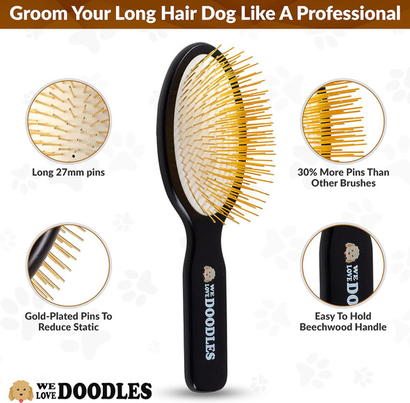 Pet Grooming Detangler Pin Dog Brush For Shedding And Removing Loose Fur, Lightweight Beech Wood With Gold Plated Pins For Long Hair [We Love Doodles]