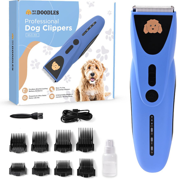 We Love Doodles Dog Clippers For Thick Coats - Powerful And Ultra Quiet Dog Trimmer For Grooming, Cordless Dog Hair Trimmer, 8 Detachable Blades Pet Clippers, Easy To Use Dog Hair Clippers
