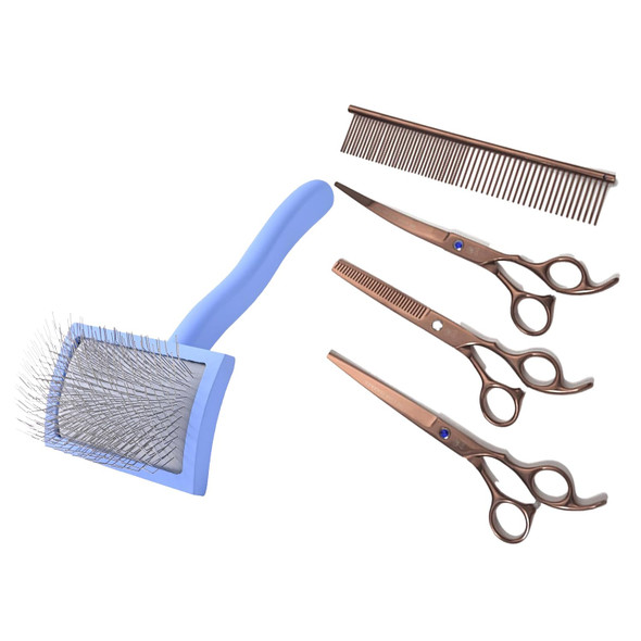 We Love Doodles Medium Curved Slicker Brush And Grooming Scissors Kit Bundle - Soft Pin Goldendoodle Brush And Dog Grooming Scissors Kit - Brush For Dematting & Shedding - Made In Usa