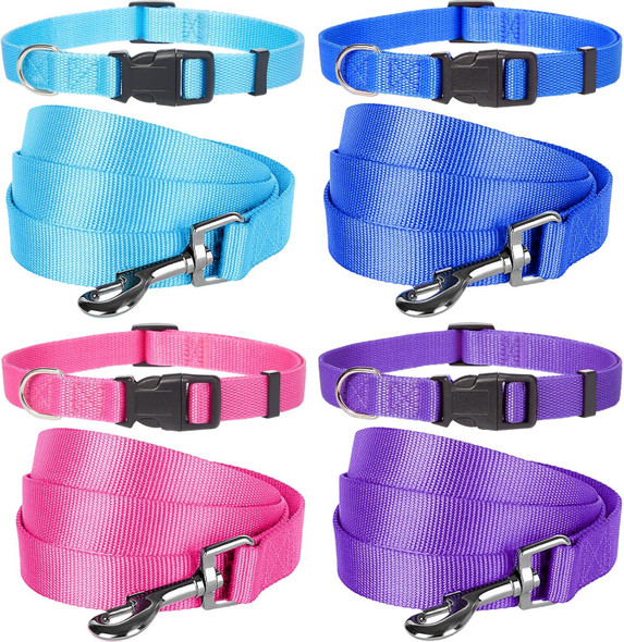 Weewooday 8 Pieces Dog Collar And Leash Set Nylon Adjustable Dog Collars And Leash Personalized Puppy Collars For Small Medium Large Pet Dog Walking Training, 4 Colors