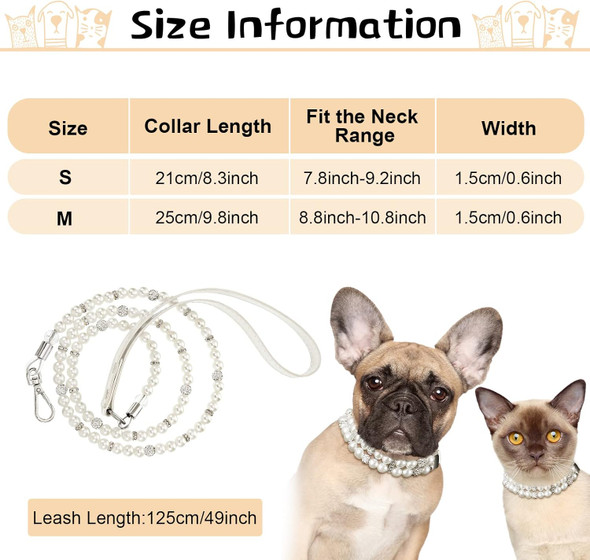 2 Pcs Pearl Collar And Leash For Dogs Set Including Dog Pearl Leash 2 Rows Pearls Pet Necklace Pu Leather Pearl Leash With Crystal Rhinestone Imitated Pearl Neck Strap(0.8 X 47.28 Inch)