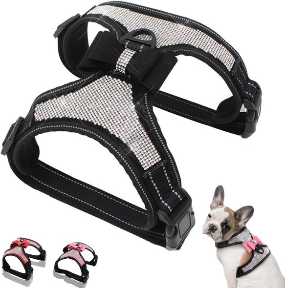 Rhinestone Dog Harness Bling Crystal Nylon Reflective Soft Cute Puppy Collar Vest Diamond Adjustable With Sparkly Bow Tie For Small Medium Large Dogs Cats Pets Boys And Girls Black S