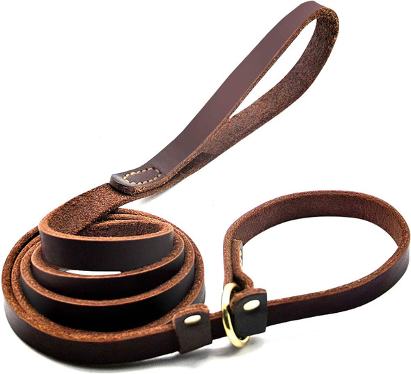 Real Leather Slip Lead Dog Leash, Adjustable Stitched Pet Slip Leads With Slider, Heavy Duty Flat Dog Training Leashes For Medium And Large Dogs, 5Ft Long By 0.7 Wide, Brown