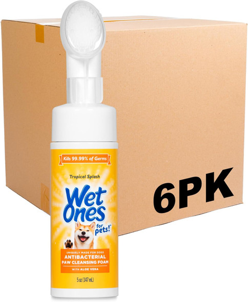 Wet Ones For Pets Antibacterial Dog Paw Cleansing Foam With Built-In Paw Scrubber Brush, Tropical Splash Scent Dog Paw Cleaner With Antibacterial Foam And Brush, 5 Oz - 6 Pack