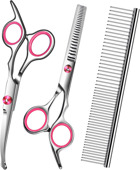 Pink Dog Grooming Scissors With Safety Round Tip,Pet Grooming Scissors Kit,Dog Shears For Grooming,Incude Thinning,Curved Grooming Scissors And Comb For Dogs, Cats.Suitable For The Right Hand