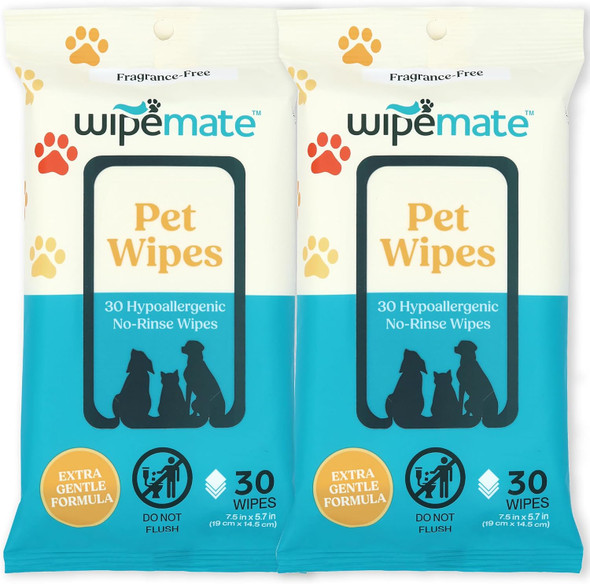 Travel (2-Pack) Dog & Cat Pet Wipes For Small/Medium Pets, Cleans Pet Paws, Ears, Fur, Butt, & Anal Gland - No-Rinse Solution, Gentle, Deodorizing, Hypoallergenic - Unscented 60 Ct