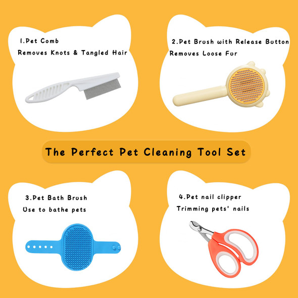 Cat Brush With Release Button, Self Cleaning Cat Brush For Shedding, Dog And Cat Grooming Brush For Removes Loose Hair, Cat Brush Set With Cat Hair Brush, Cat Nail Clipper, Bath Brush And Comb