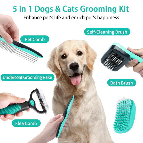 Dog Brush Kit For Grooming Short & Long Haired Dogs & Cats, 5 In 1 Pet Grooming Set For Small Animals, 5 Pcs Puppy Self-Cleaning Slicker Brush And Pet Comb For Shedding Medium & Large Dogs