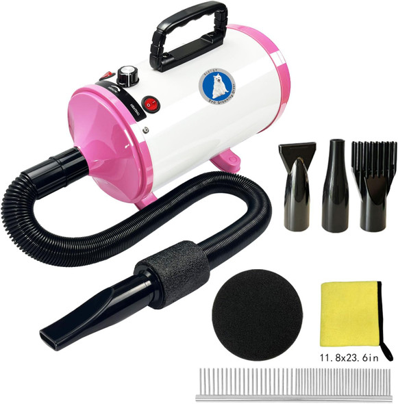 Pet Grooming Dryer With Adjustable Speed For Dogs Quiet And Powerful Dog Hair Dryer Includes Different Nozzles, Pet Towel, And Brush Ideal For Pet Grooming And Home Use (Pink)