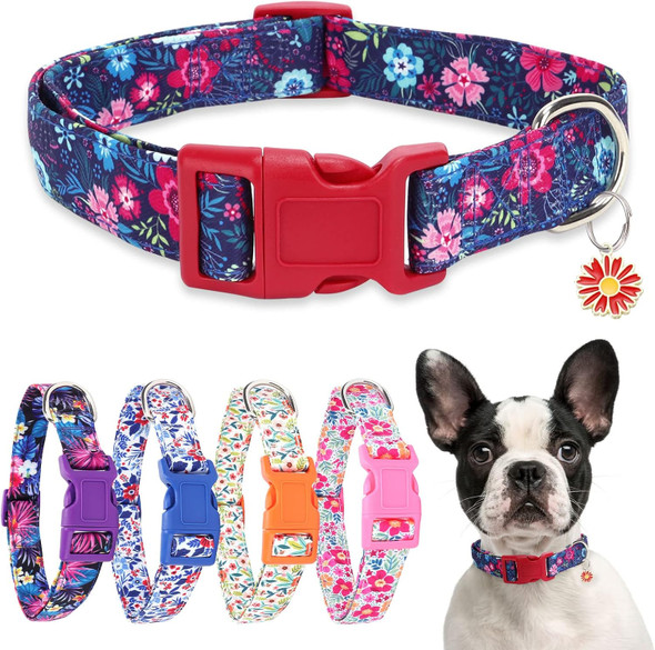 Cotton Cute Floral Dog Collar For Small Medium Large Girl Female Dogs, Fancy Flowers With Pendant And Adjustable Buckle Pretty Red Dog Collars, Fit Necks: 11”- 23.6”(Red,M)