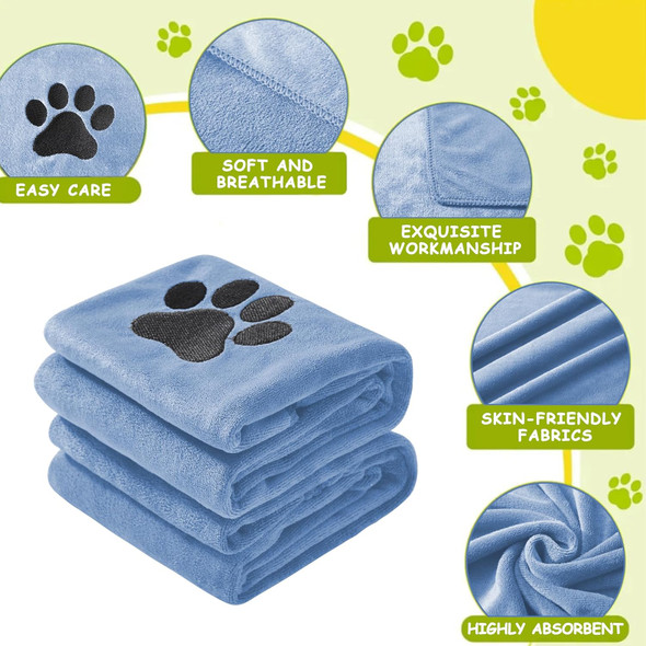 2 Pack Dog Towels For Drying Dogs 20 X 40- Super Absorbent Soft Microfiber Pet Bath Grooming Towel With Embroidered Paw For Pet Dog Cat Bathing Grooming (Blue)