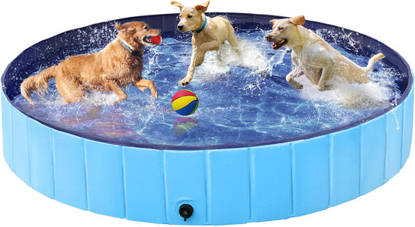Yaheetech Foldable Dog Pool 63 X 12 Inches Collapsible Hard Plastic Pet Swimming Pool Portable Dog Bath Tub Puppy Cat Shower Pet Wading Pool For Outdoor/Indoor W/Pet Repair Patches, Blue