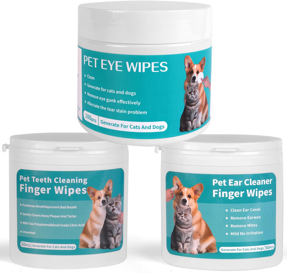 Dog Teeth Cleaning Wipes Dog Eyes Wipes Dog Ear Wipes Finger (3 Pack 200 Wipes) Pet Cleaning Wipes Kit,Dog Wipes Cleaning Deodorizing For Removing Plaque And Tartar & Ear Wax & Eye Secretions