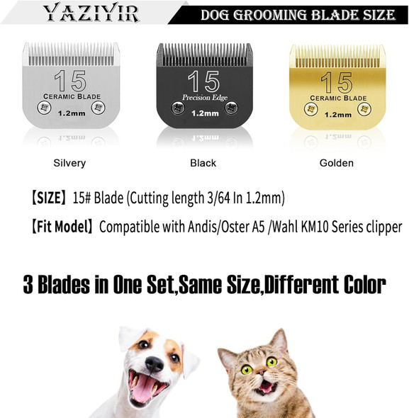 3 Color 15# Detachable Pet Dog Grooming Ceramic Blades,Compatible With Andis,Oster A5,Wahl Km-10 Series,Size #15 Blade 3/64-Inch 1.2Mm Cut Length（Silver+Black+Golden）