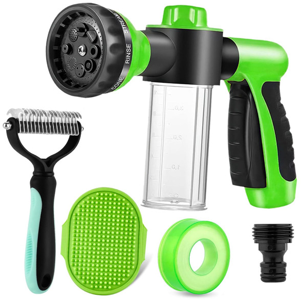 Pup Jet Dog Wash Hose Attachment,Dog Hose Nozzle 8 Spray Patterns With 3.5Oz/100Cc Soap Dispenser Bottle And Dog De-Shedding Comb For Pet Showering Car Washing, Watering Plants (Green)
