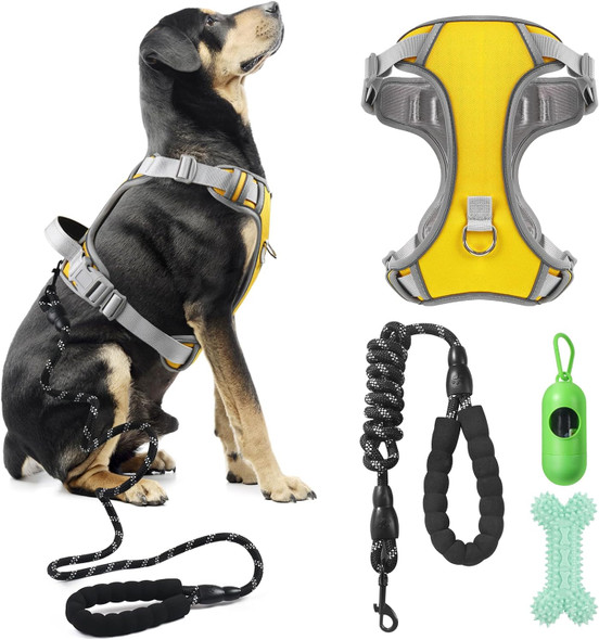 Dog Harness Adjustable Reflective Easy Control For Medium/Large Dog Harness With A Heavy Duty 5Ft Dog Leash (Xl (Neck: 23.6-31, Chest: 26.7-36.6)(Yellow, Extra Large)
