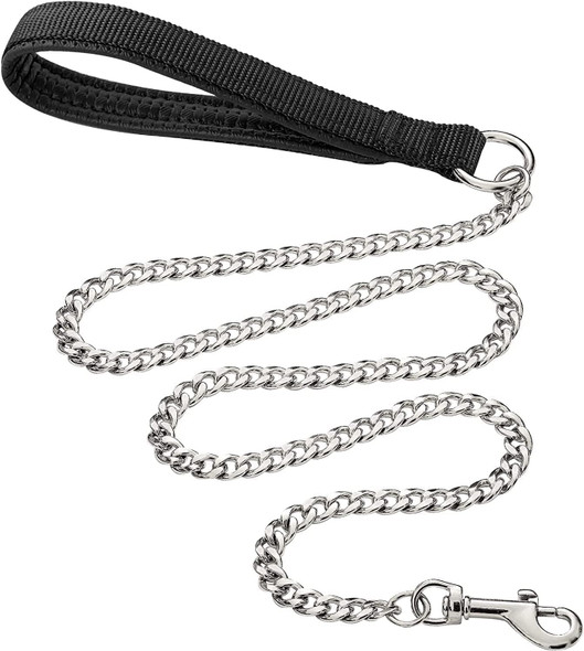 Chain Heavy Duty Metal Dog Leash, 4Ftx3Mm Chew Proof Pet Leash Chain With Soft Padded Handle For Large & Medium Size Dogs Walking, Training And Traveling (0-80 Lbs)