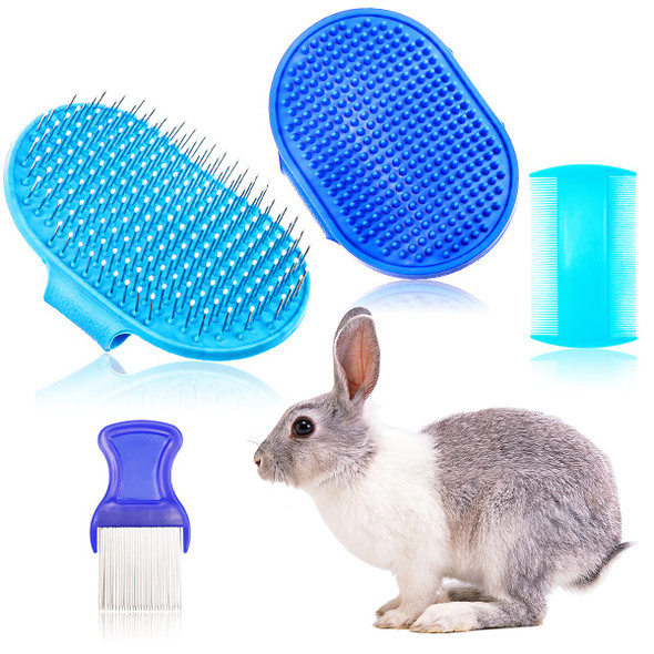 4 Pieces Rabbit Grooming Kit Including Rabbit Hair Remover, Rabbit Grooming Brush, Steel Comb And Double-Sided Pet Comb ,Suitable For Bunny & Guinea Pig