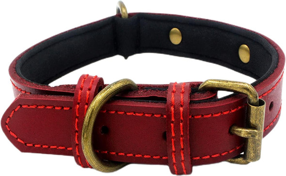 Thick Heavy Duty Leather Dog Collar With Soft Padded Bronze Metal Buckle Red Adjustable Dog Collars For Boy Girl Small Medium Large Male Female Dogs