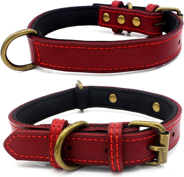 Thick Heavy Duty Leather Dog Collar With Soft Padded Bronze Metal Buckle Red Adjustable Dog Collars For Boy Girl Small Medium Large Male Female Dogs