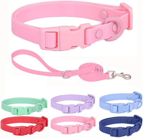 Silicone Dog Collar And Leash Set, Waterproof Plastic Pvc Rubber Washable Quick Release Buckle Outdoor Puppy Collars Durable Adjustable For Small Medium Large Dogs, Pink L