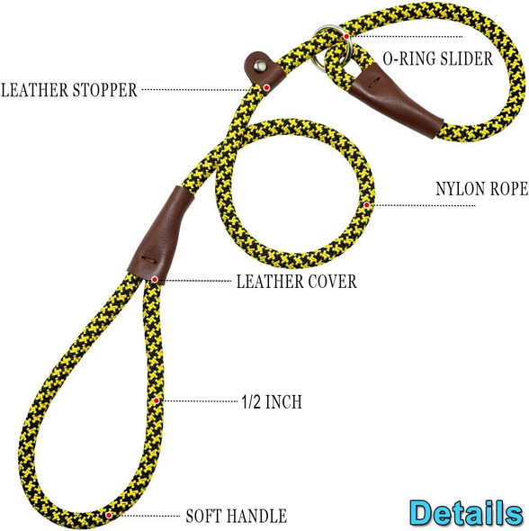 3Ft Slip Lead Dog Training Leash, No Pull Dog Leash For Medium Large Dogs, 1/2 Inch Durability Nylon Rope Slip Leash Yellow