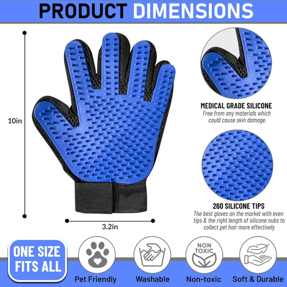 Pet Grooming Gloves, Grooming Gloves For Dogs, Cats, Rabbits & Horses With Long And Short Hair, Efficient Pets Hair Remover Mittens - 1 Pair (Blue)