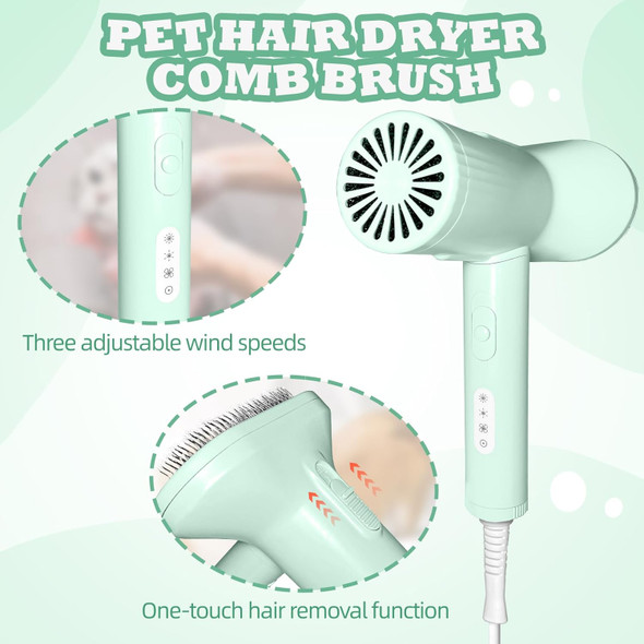 2-In-1 Pet Dryer And Brush- Overheating Protection, 3 Blowing Modes, Low Noise- Ideal Dog Dryer For Pet Grooming, Small And Medium Dogs/Cats- Slim Handle- Dog Blow Dryer (Green)