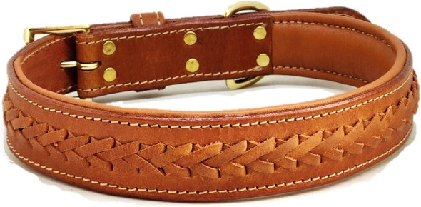 Premium Genuine Leather Luxury Dog Collar -Walking Running Training Purposes - Durable Strong Adjustable Male Female Dogs Size - Medium Color - Tan Style- Bone Studded