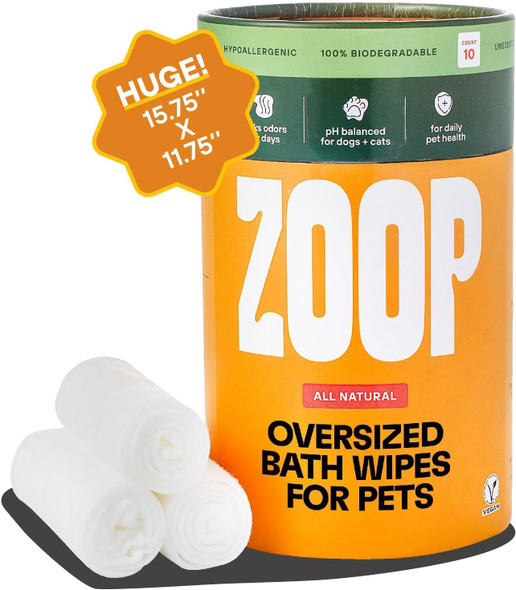 Zoop Xl Pet Wipes For Dogs & Cats – Thick, Huge Bath Wipes For Cleaning, Deodorizing, Conditioning, Wet Dog Wipes For Paws, Butt, Ear, Eye, Face, Whole Body, With Nanosilver-10 Count