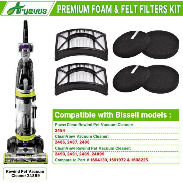Filter For Bissell Cleanview 2486, 2487, 2488, 2489, 24899, 2490, 2491, 2492, Powerclean 2494 Vacuum, Compare To Part 1608225, 1604130, 1601972, 2 Hepa +2 Foam & Felt Filters