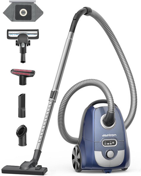 Aspiron Canister Vacuum Cleaner, 1300W Bagged Canister Vacuum, Turbo Brush, 5 Tools, 3.7Qt, H13 Hepa Filter, Automatic Cord Rewind, Vacuum Cleaner For Carpets, Hardwood Floors, Pet Hair, Blue