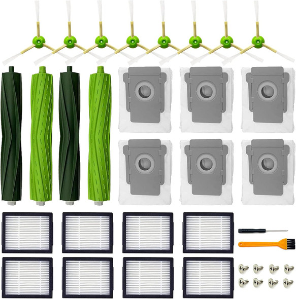 Parts For Irobot Roomba I3 I3+ I7 I7+ I4 I4+ I5 I5+ J5 J5+J7 I2 I6 I6+I8 I8+Plus E5 E6 E7 I & E &J Series Vacuum Cleaner,2 Set Rubber Brushes,8 Filters,8 Side Brushes,6 Roomba Vacuum Bags
