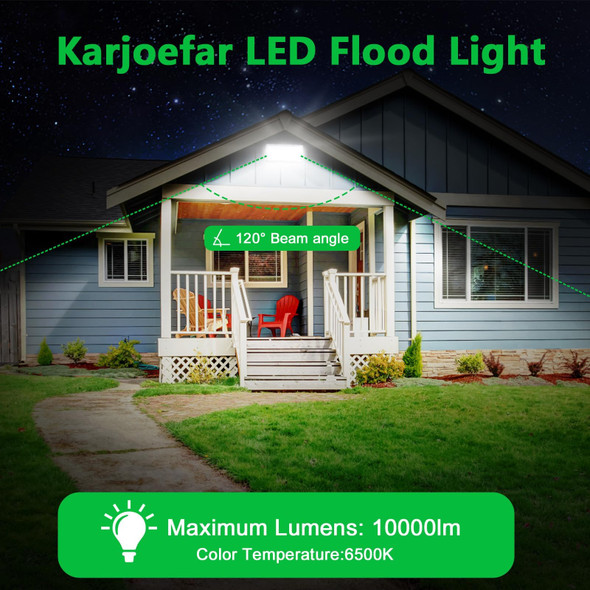Karjoefar LED Flood Lights Outdoor 100W 10000LM Outside Work Light with Plug Outdoor Security Light 6500K Daylight White IP66 Waterproof Bright Floodlight for Garage Yard Garden Patio 2 Pack