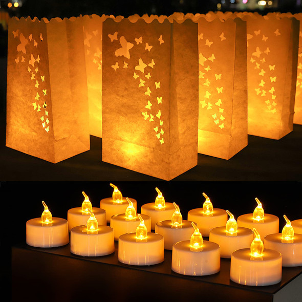 50 PCS Butterfly Luminary Bags & 50 PCS Battery Tea Lights, White Luminary Bags with Flameless Candles, LED Lamp Holiday Flameless LED Tealight for Outdoor Christmas Thanksgiving Decorations
