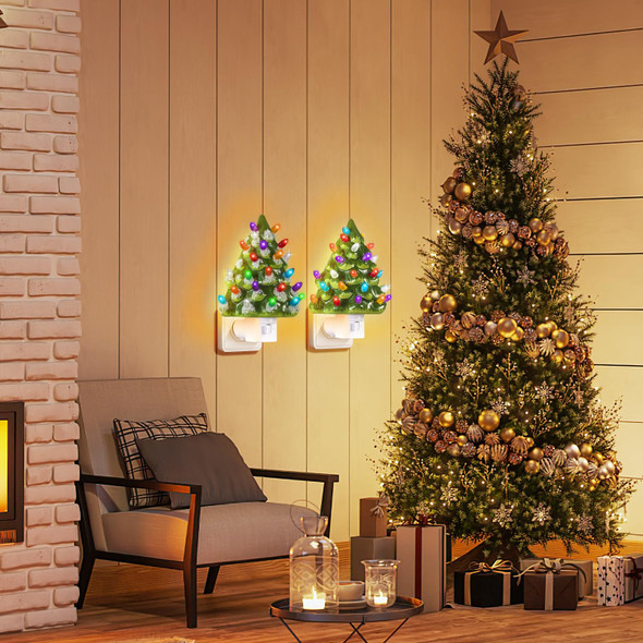 Ceramic Christmas Tree Night Light - 6" Nostalgic Christmas Snow Tree Nightlight with Multicolor Bulbs with ON/Off Switch Decorative Home Bedroom Bathroom Decoration, 2pack