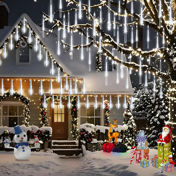 Christmas Lights Outdoor, Meteor Shower Lights 8 Tubes 192LED UL Snow Falling Rain Cascading Icicle Lights for Xmas Tree Christmas Decorations Outdoor Wedding Party Window, White