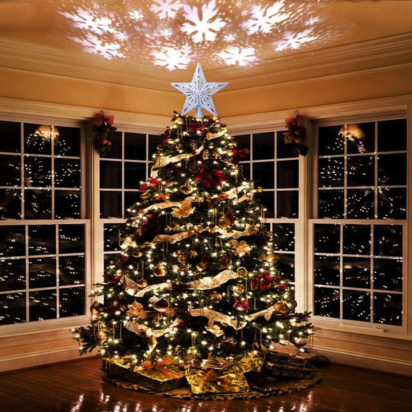 AerWo Christmas Tree Topper Lighted Star Tree Topper with Rotating Snowflake Projector Lights, 3D Glitter Hollow Star Tree Topper for Christmas Tree Decorations