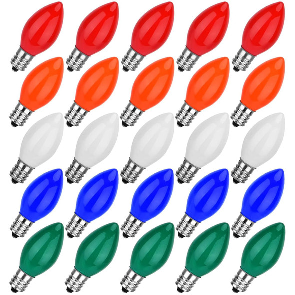 Christmas Lights Bulbs Multicolor, 25 Pack C7 Multicolor Replancement Bulbs, C7 Vintage Ceramic String Light Replacement Bulbs, E12 Candelabra Base, 5 Watt Christmas Lights Bulbs Multicolor, 25 Pack C7 Multicolor Replancement Bulbs, C7 Vintage Ceramic String Light Replacement Bulbs, E12 Candelabra Base, 5 Watt