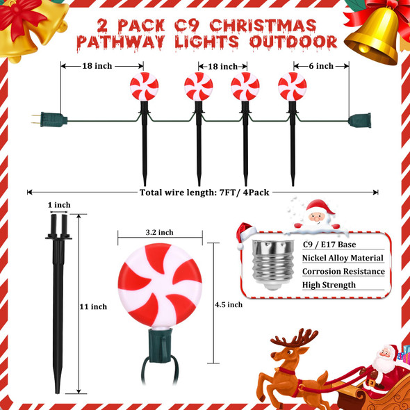C9 Christmas Pathway Lights Outdoor - 7FT Christmas String Light with 4 Lollipop LED Marker Lights, Red and White Christmas Candy Landscape Lights for Garden Lawn Party Decor - 2 Pack