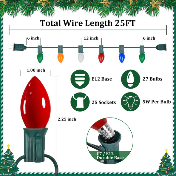 C7 Christmas String Lights Multicolor - 25FT Vintage Christmas Light with 27 C7 Multicolor Incandescent Bulbs, Outdoor Christmas Tree Lights for Christmas Holiday Party Decor - Green Wire