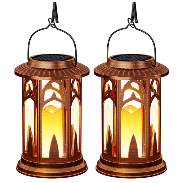 Solar Lanterns Outdoor Waterproof, 2 Pack Flickering Flameless Outdoor Solar Candle Lantern, Solar Powered & Battery Powered Hanging Lanterns Decorative Outdoor for Porch Garden Christmas Decorations