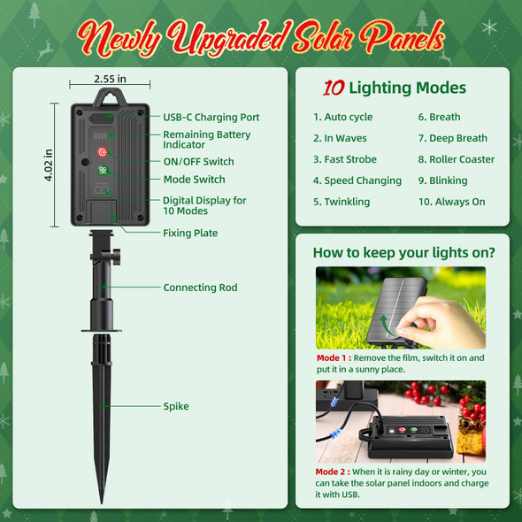 Outdoor Christmas Decorations, Set of 8 Christmas Pathway Lights Outdoor with 10 Lighting Modes, 32 Brighter LED Solar Christmas Decoration, Waterproof Outside Christmas Lights for Holiday