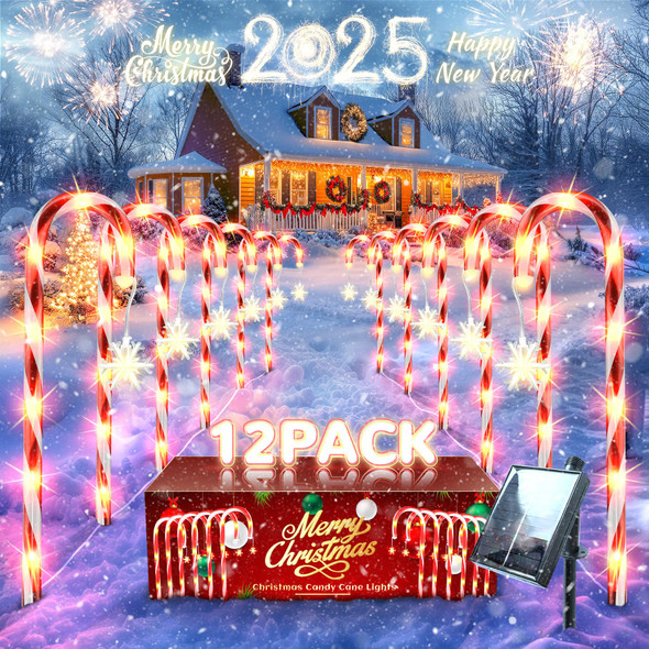 Solar Christmas Lights Outdoor Decorations: Candy Cane Light Waterproof for Outside Yard Decor - Snowflake Red Xmas Garden Lighted Patio Tree Pathway Lawn Decorative 12 Pack