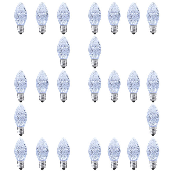 25 Pack C7 Cool White LED Replacement Christmas Light Faceted Bulbs, 0.72W, 2 SMD LEDs in Each Light Bulb, E12 Base, Commercial Grade Replacement Bulbs Dimmable Waterproof